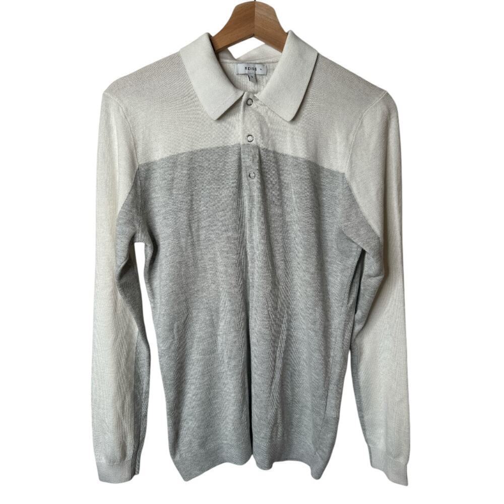 Reiss Gray White Colorblock Wool Blend Long Sleeve Ruffano Polo Shirt Men's S